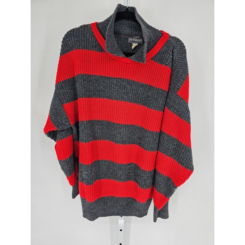 Yarn Works Mens Sz 42 (L) Polo Sweater Gray Red Striped Knit 1970s